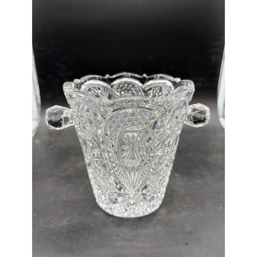 Vintage Cut Crystal Ice Bucket Pinwheel Starburst Scalloped Rim Glass Handles